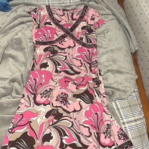 Tahari ASL Vibrant Pink and Brown Floral Mini Dress